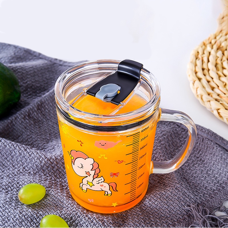 GELAS KACA SERBAGUNA MOTIF CARTOON / ANIMAL DENGAN SEDOTAN DAN PENUTUP ANTI TUMPAH 400ML DAN 500ML GELAS SUSU ANAK GELAS JUS GELAS UKURAN