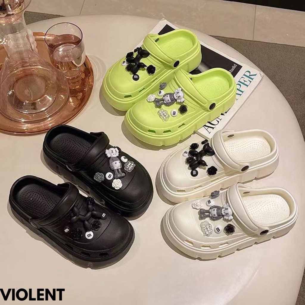 SANDAL WANITA SLINGBACK FREE JIBBITZ WARNA HIJAU NEON PALING TREND BAHAN RUBBER IMPORT VIOLENT