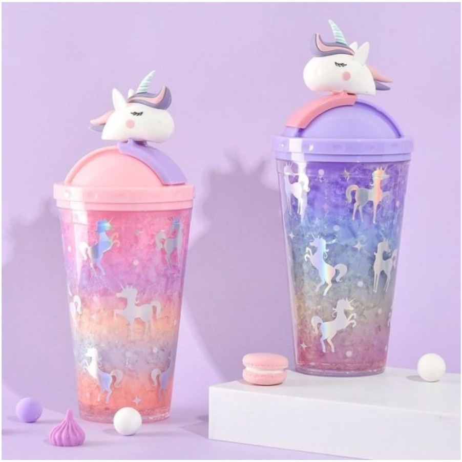 Botol Minum Anak Jerami Tumbler Glitter Unicorn Premium Quality 450ml BPA FREE TAKASIMURA STORE