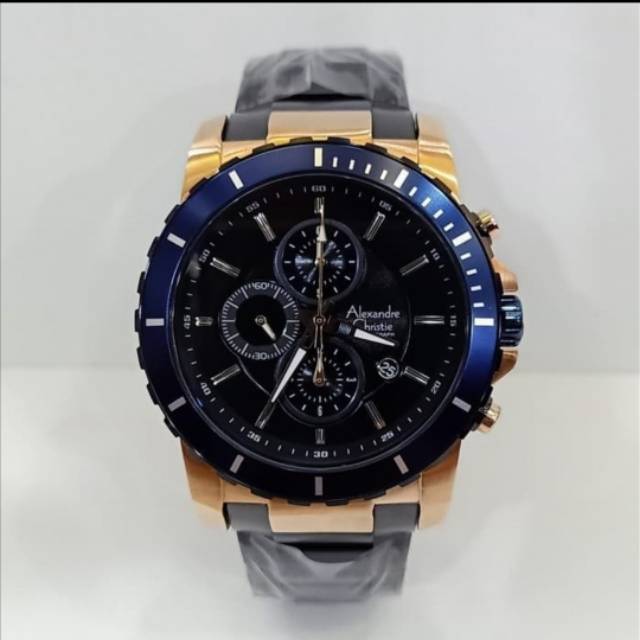 Jam Tangan Alexandre Christie 6141 Pria Black RoseGold Blue Original