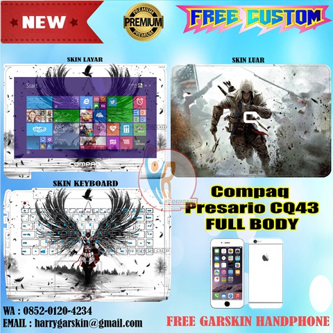 Original Garskin Laptop Full Body Compaq Presario CQ43 -Free Custom Gambar- Assasin Creed