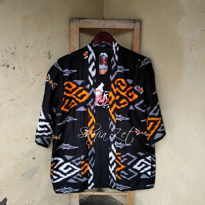 Wolv Kimono Outer Unisex Loose Casual Lengan Pendek Outer Cardigan Pria Etnik Tenun Ori Shofia Zet