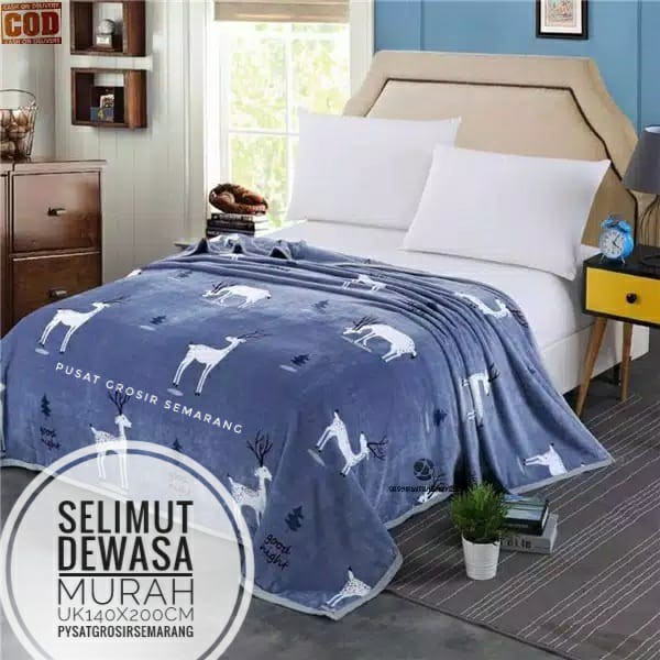 Selimut Dewasa Murah MORIA Abstrak Leaf Polkadot Flower Bvrbery Reindeer Could Moon Star Awan Rusa-Blue ReinDeer