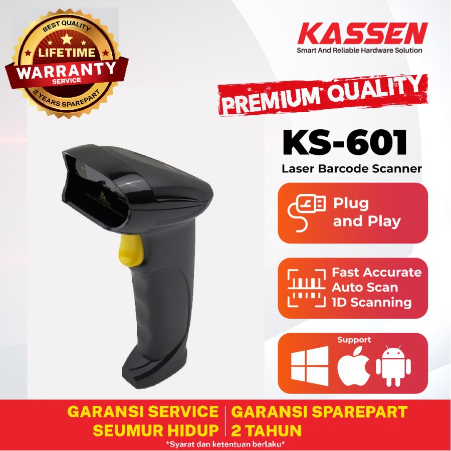 BARCODE SCANNER KASSEN KS-601 BARCODE SCANNER 1D AUTOSCAN &amp; CONTINOUS USB+STAND MURAH