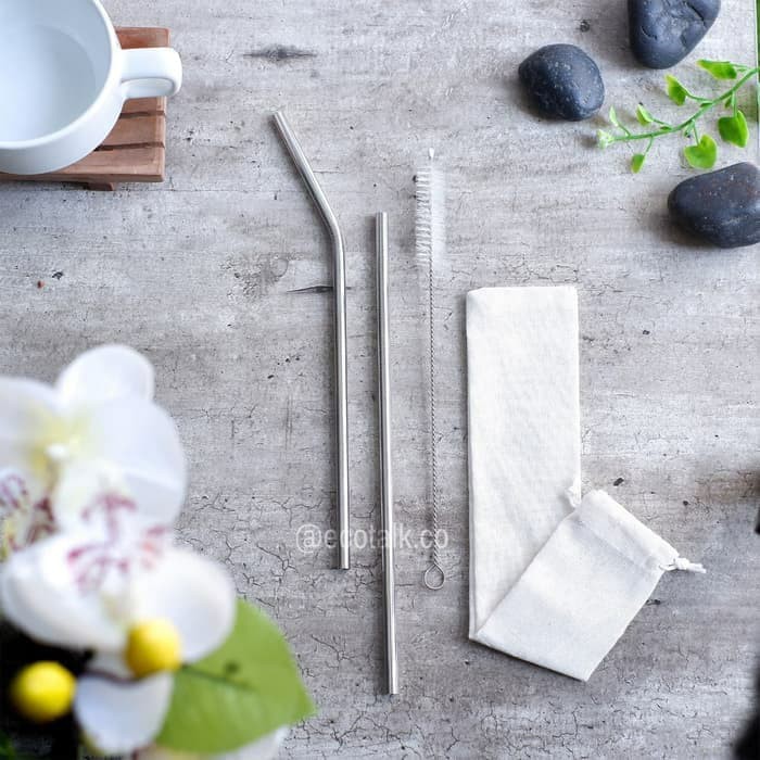 

Sedotan Stainless Steel Set Putih Silver Straw Sedotan Metal Melengkun APF128