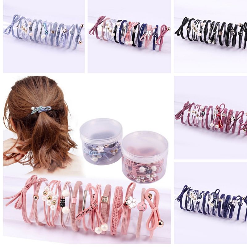 [12 in 1] Ikat Rambut Wanita Elastis Bahan Karet Aksesoris Fashion Gaya Korea Import Kunciran Kuncir