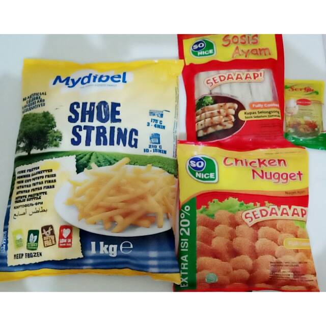 

Paket frozen ( kentang,nuget,sosis, minyak goreng)