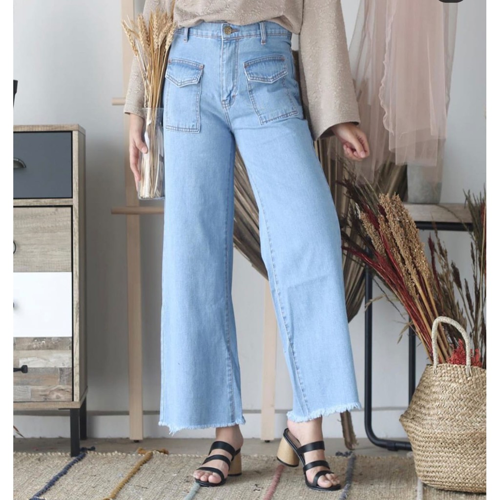HOPYLOVY Celana Boyfriend Jeans | Celana Kulot Jeans Wanita Kantong Depan Shira Lilac Ungu Violet | Celana Lilac