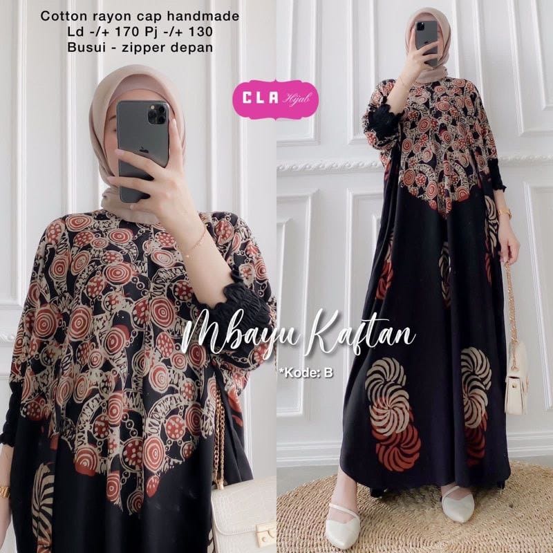 Batik A W - Kaftan Cap Encim Motif Sogan Super Jumbo LD 150 Black Color Busui Resleting Lengan 7/8 Gamis Rayon Kaftan Jumbo