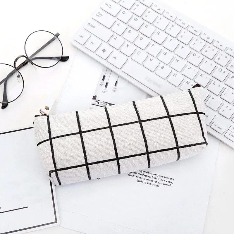 Tempat Pensil Sekolah Kanvas Stylish Simple Import Kotak Pensil Motif Aesthetic Resleting Bisa Untuk Alat Tulis Makeup-Putih