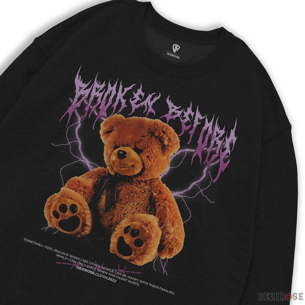 "DZA.14Jl22ν" Sweater Crewneck Aesthetic Bear Broken Before Metal Font Distro Fleece Tebal M-XXL (Hitam, Cream, Navy)
