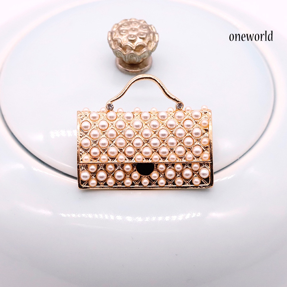 OW@ Women Handbag Shape Faux Pearl Inlaid Brooch Pin Denim Jacket Collar Badge Gift