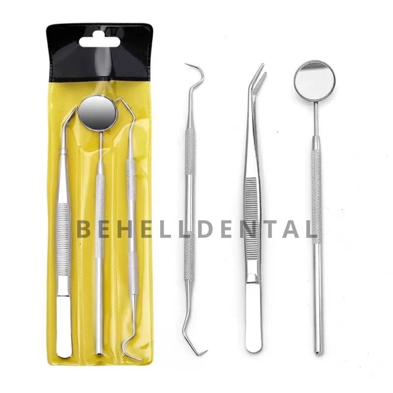 Set Isi 3 Alat Penghilang Plak Karang Tartar Gigi Behelldental / Alat standart dental diagnostic diagnostik kit set pembersih karang gigi isi 3 standar kaca mulut pinset tweezer sonde halfmoon stainless dokter gigi