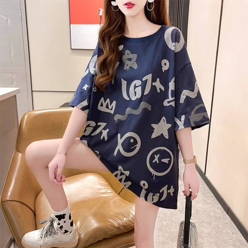 Oversize Tee Tshirt Wanita Model Longgar Motif Fish Full Print