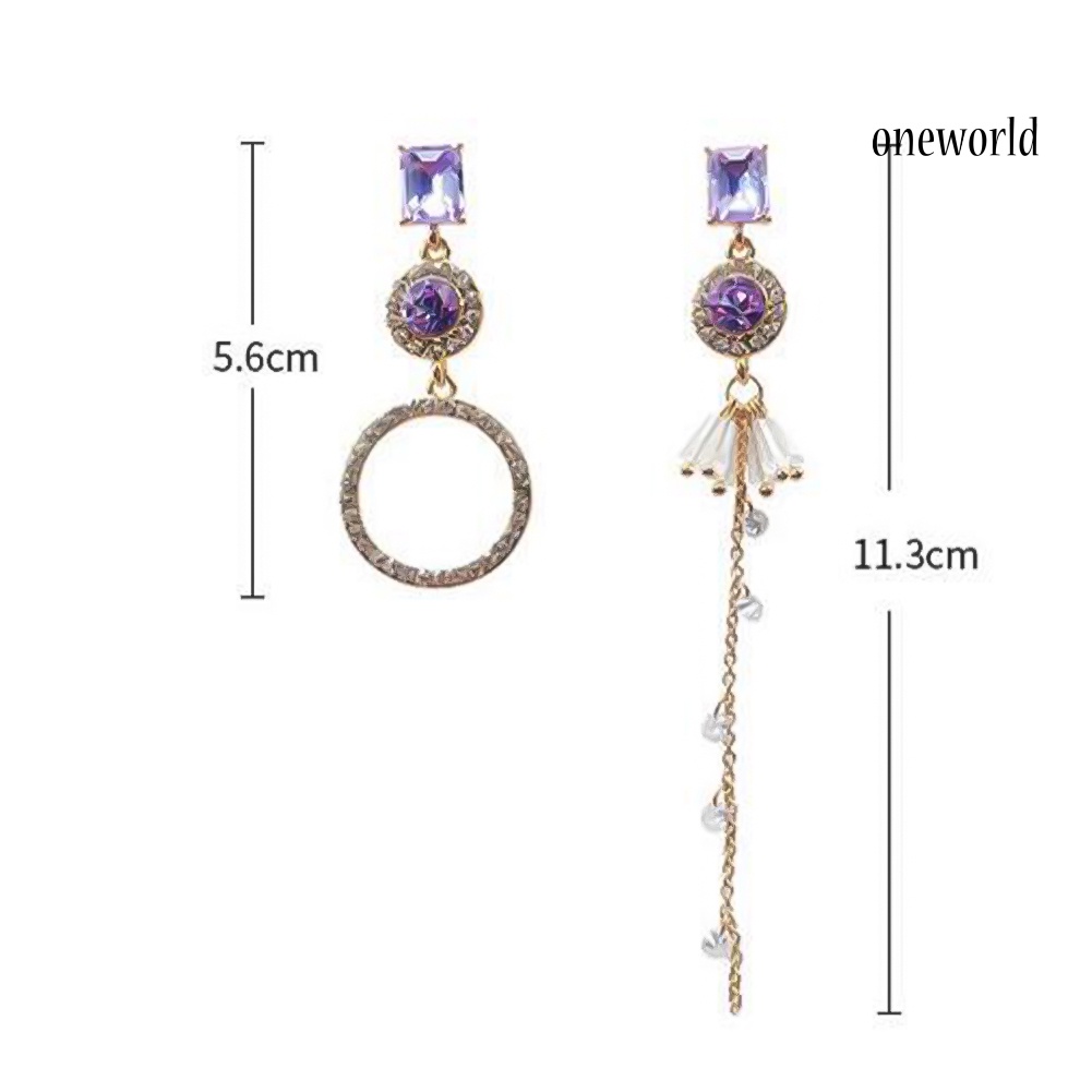 OW# Women Rhinestone Geometric Circle  Dangle Long Asymmetric Stud Earrings Jewelry