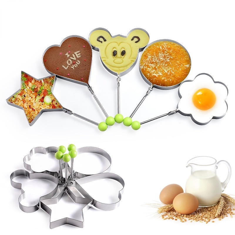 5pcs / Set Cetakan Telur Goreng / Pancake Bentuk Hati / Bunga / Bintang / Tikus Bahan Stainless Steel