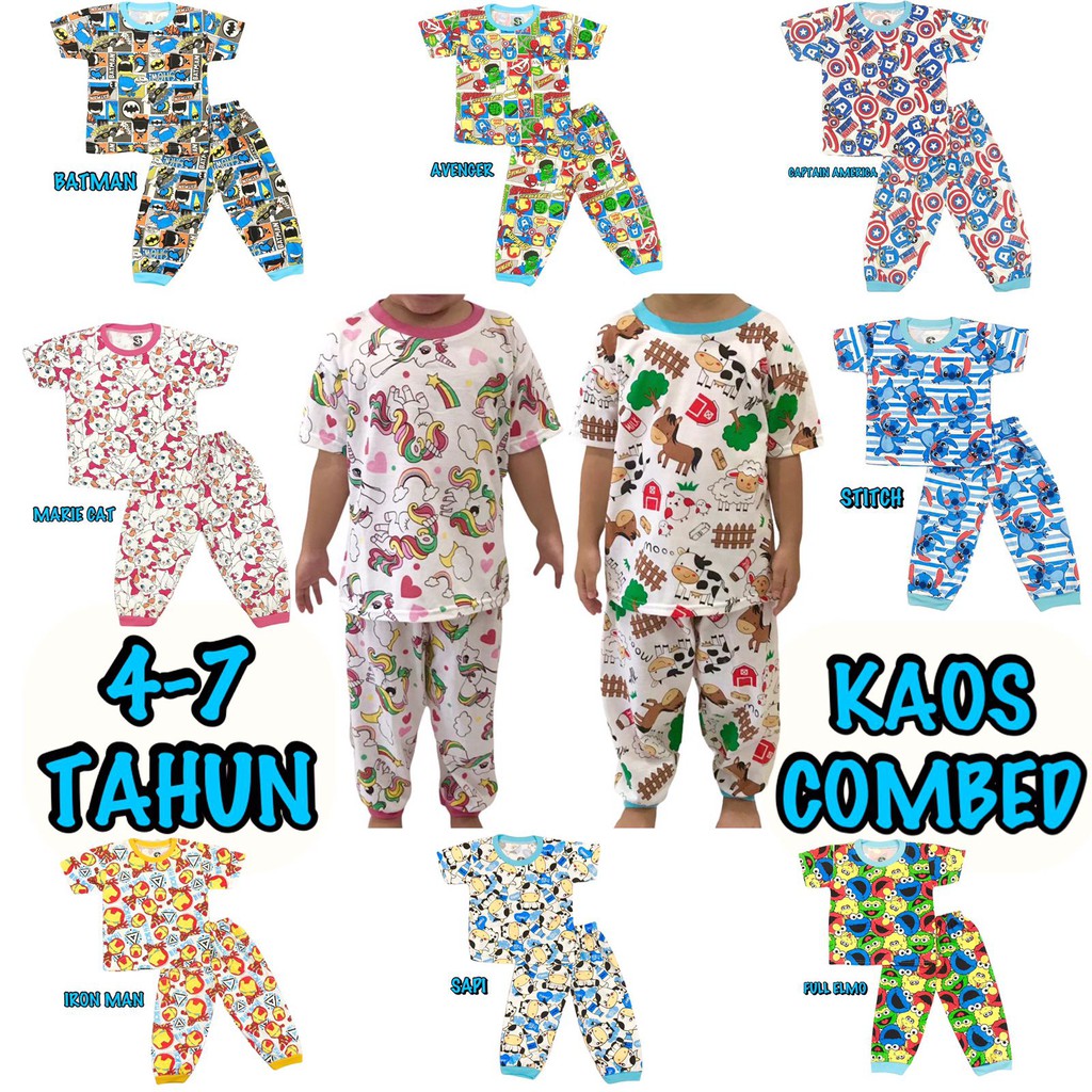 (1 KG MUAT 6 STEL) BAJU TIDUR CP ANAK KIDS PEREMPUAN/CEWEK LAKI-LAKI/COWOK SETELAN/STELAN KAOS KATUN 4-7 TAHUN