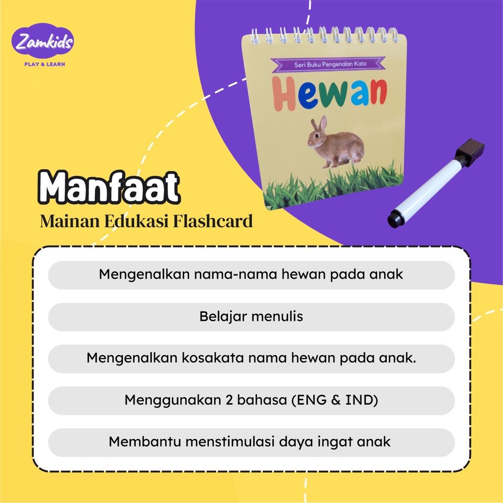 BUKU MAINAN EDUKASI FLASHCARD BELAJAR MENULIS PENGENALAN KATA HEWAN ANAK BAYI BALITA