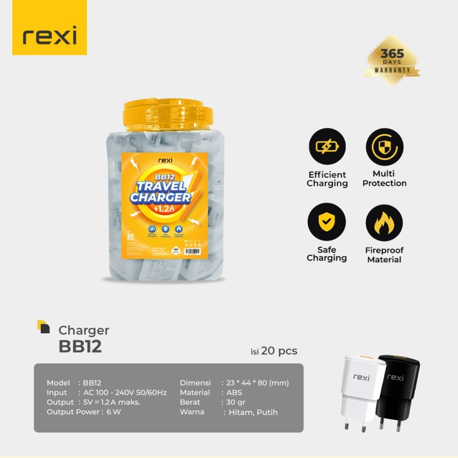 CHARGER REXI 1.2A BB12 6W 5V TRAVEL ADAPTOR