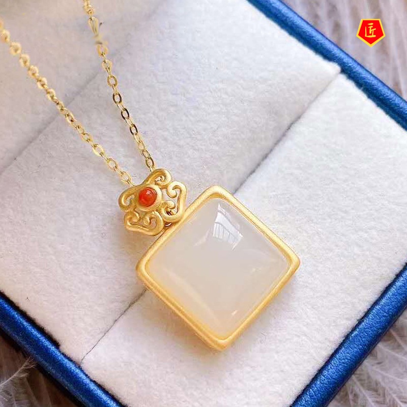 [Ready Stock]Hetian Jade Necklace Women's Small Square Pendant Chinese Style Classical Retro