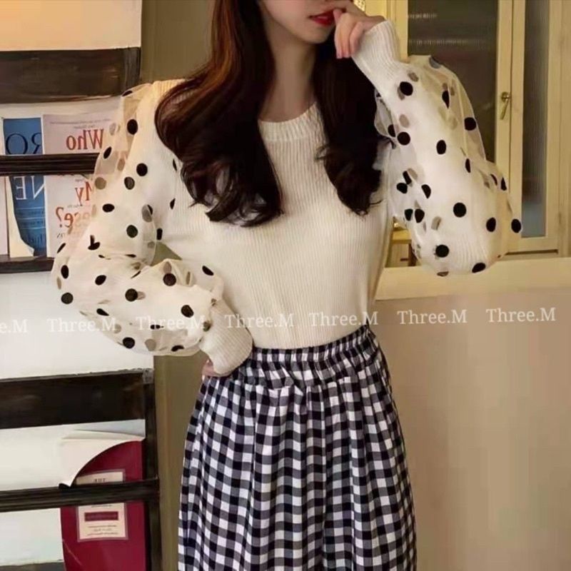 MDLV ~ C597 KNIT POLKA NEW COLLOR // ATASAN RAJUT LENGAN PANJANG POLKA // FASHION IMPORT WANITA