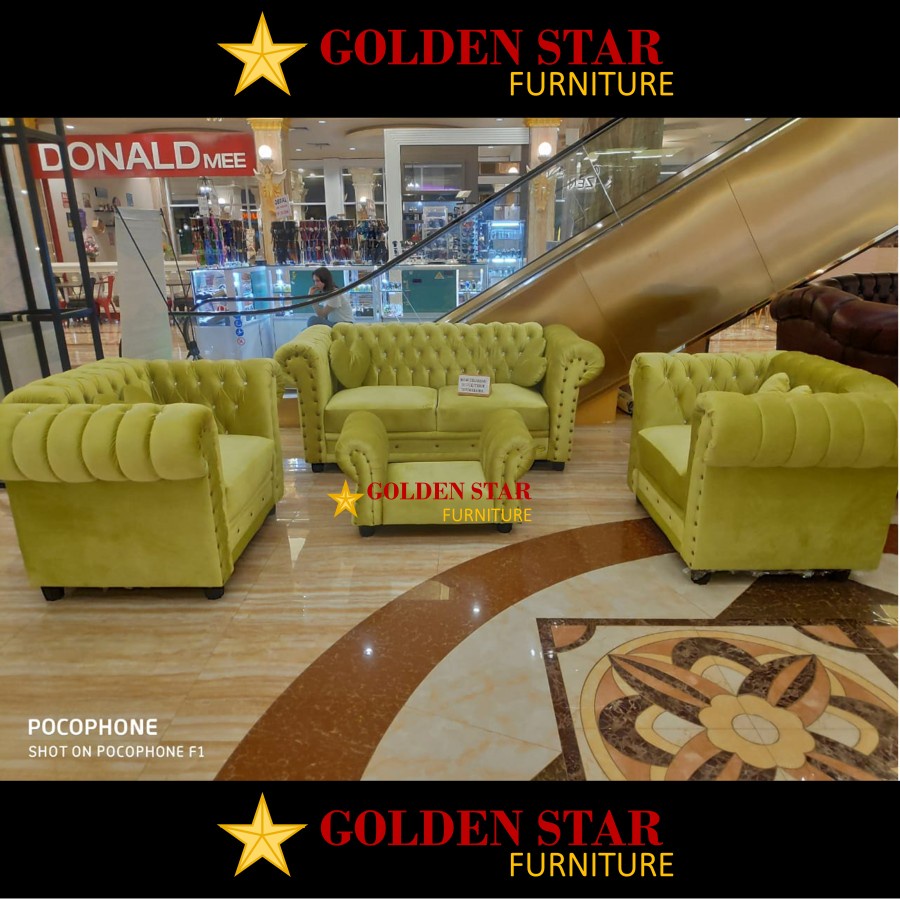 Sofa Kursi Tamu 211 Hijau Bludru / Kain beludru + Meja Minimalis Mewah