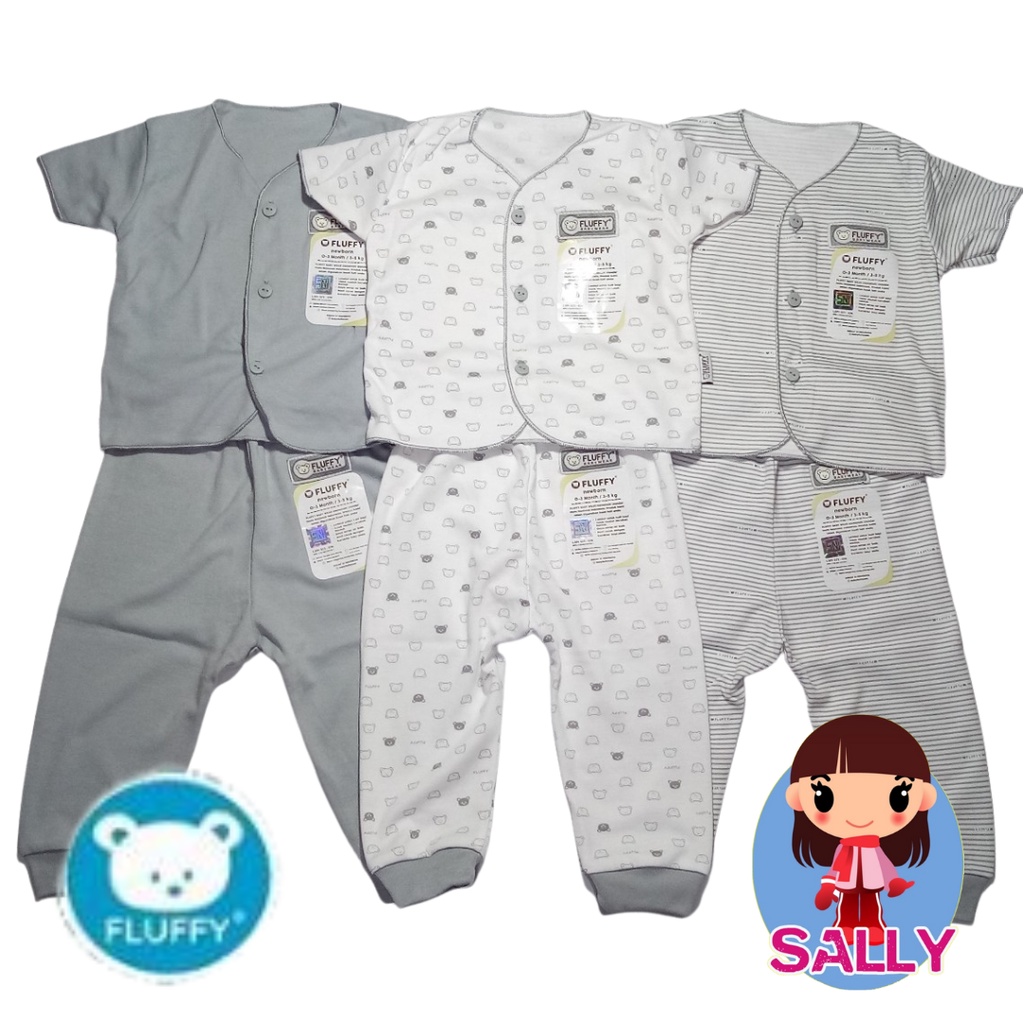 Fluffy NB - 3 Setelan Baju Pendek Celana Panjang Bayi Newborn 0-3 Bulan Mix Motif Unisex Laki Peremp