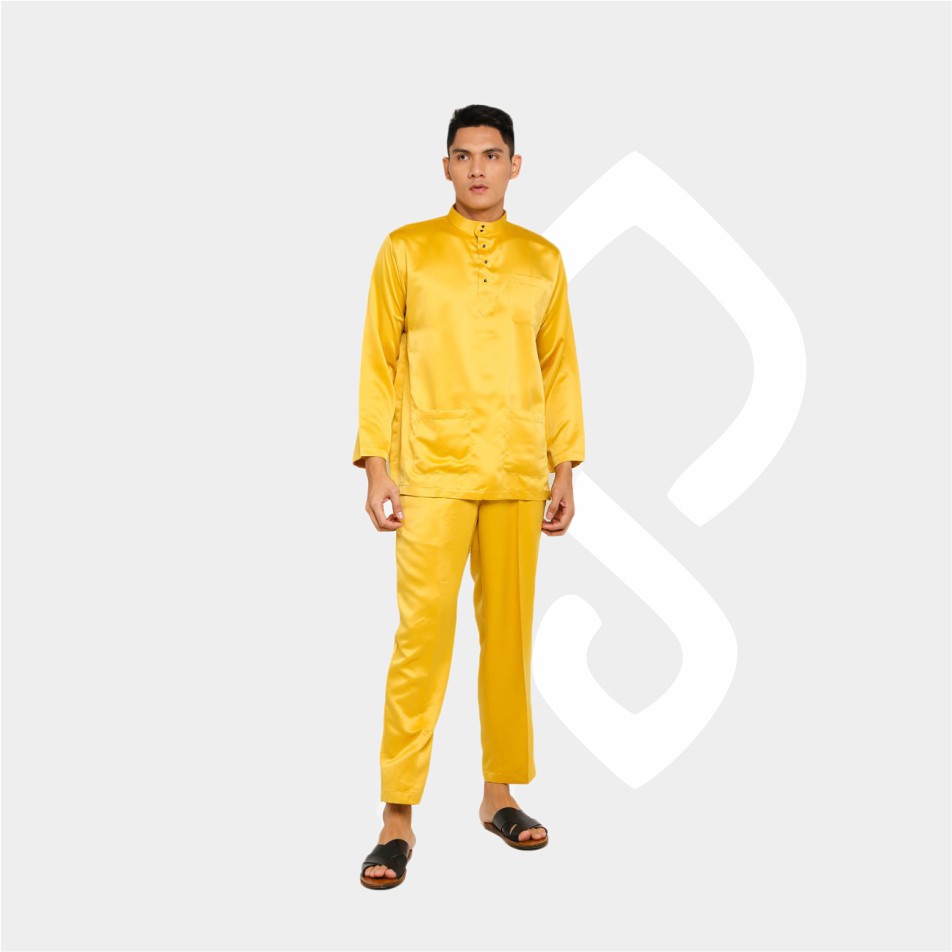 Baju Koko Pria Melayu Cekak Musang Bahan Satin Setelan Muslim Kurung Teluk Belanga Gold