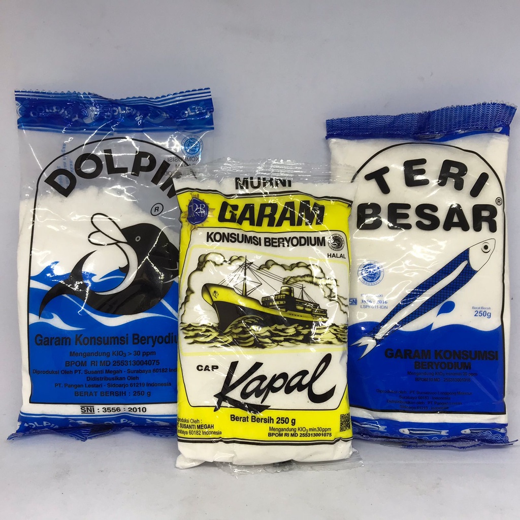 

Garam Kapal 250gr/ Garam Dolpin 250gr/ Garam Teri Besar 250gr/ Garam Murni/ Garam Beryodium