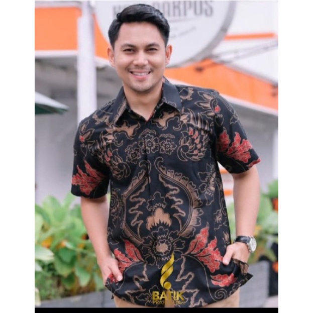 mahkota merah batik pria Slimfit modern lengan pendek lapisfuring