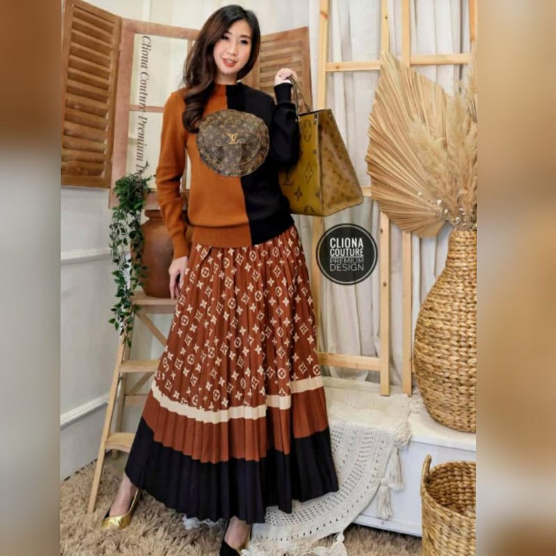 Set Baju Rajut+Rok LV Import