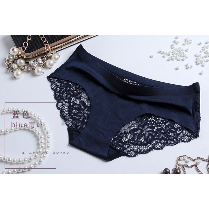 - BISA COD - PREMIUM QUALITY Celana Dalam Wanita Women Panties Renda Lace Sutra Silk Seamless Sexy-Navy Blue