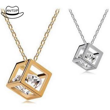 Antop！Kalung Alloy Anti Karat Crystal Rantai dengan Liontin Batu Zircon Bentuk Kotak untuk Wanita