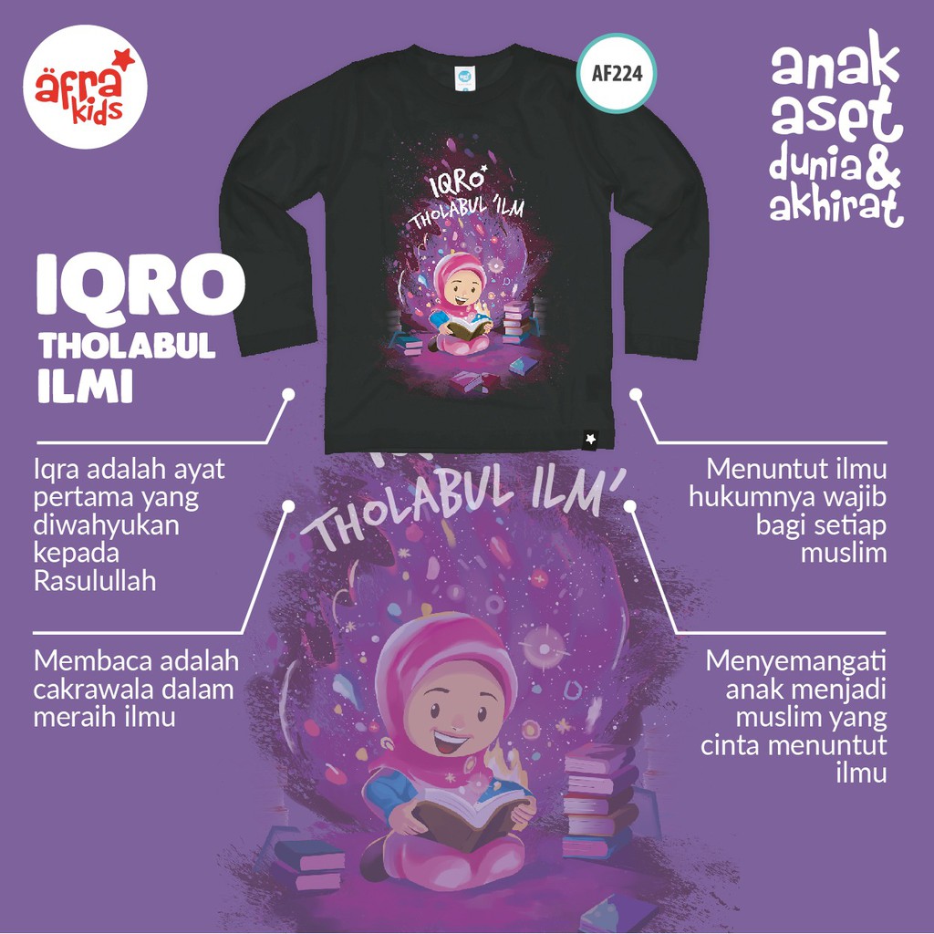 Kaos Anak Afrakids AF224 &quot;Iqro Tholabul ' Ilmi&quot; Lengan Panjang