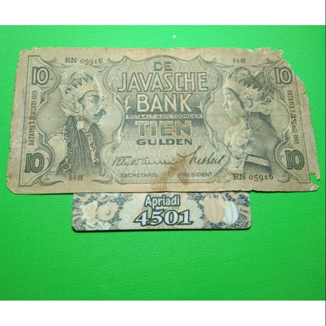 UK175 UANG KUNO ASLI 10 GULDEN SERI WAYANG TAHUN 1938 KOLEKSI UANG KERTAS LAMA INDONESIA #F