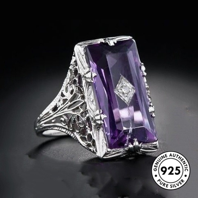 Cincin Silver S925 Bentuk Persegi Panjang Model Hollow Aksen Amethyst