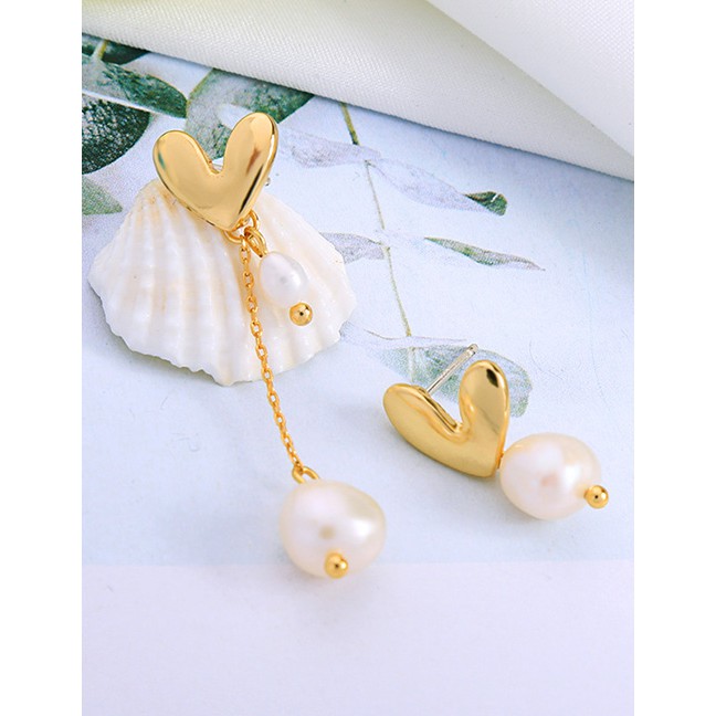 LRC Anting Tusuk Fashion Gold S925 Sterling Silver Long Heart Shaped Asymmetric Pearl Earrings F9554