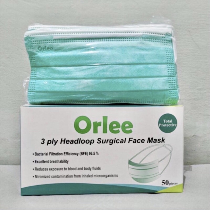 MASKER MEDIS ORLEE HIJAU SURGICAL MASK 3 PLY EARLOOP HEADLOOP HIJAB ISI 50 PCS PER BOX | RUMIFY