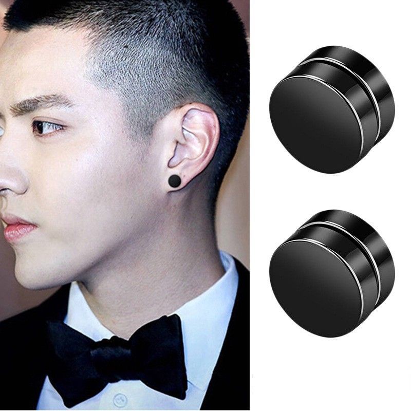 Anting Magnet Bulat Hitam Gaya Vintage Pria dan Wanita