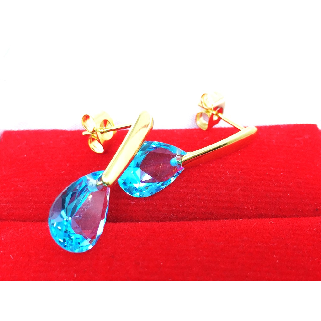 Anting Stainless Steel Lapis Emas 18k Gold Batu Biru Teardrop - BE124B