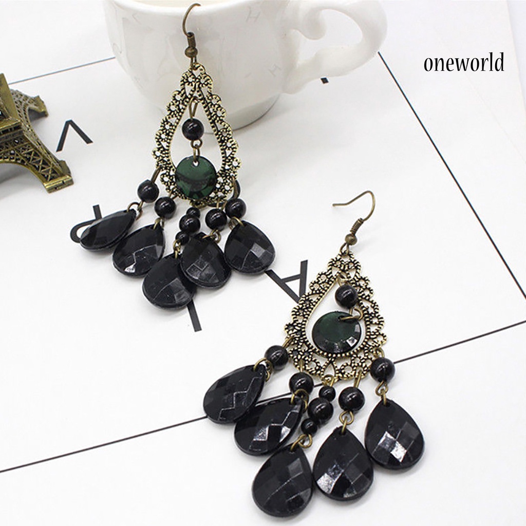 OW@ 1 Pair Hoop Earrings Exquisite Bright Hollow Pendant Water Drop Beads Earrings for Daily Life