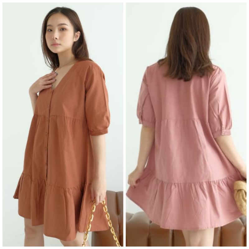 ♡ PREMIUM ♡ ORIGINAL ! MIRRANDA V-NECK BUTTON LAYER MINI DRESS  ( BUSUI FRIENDLY )