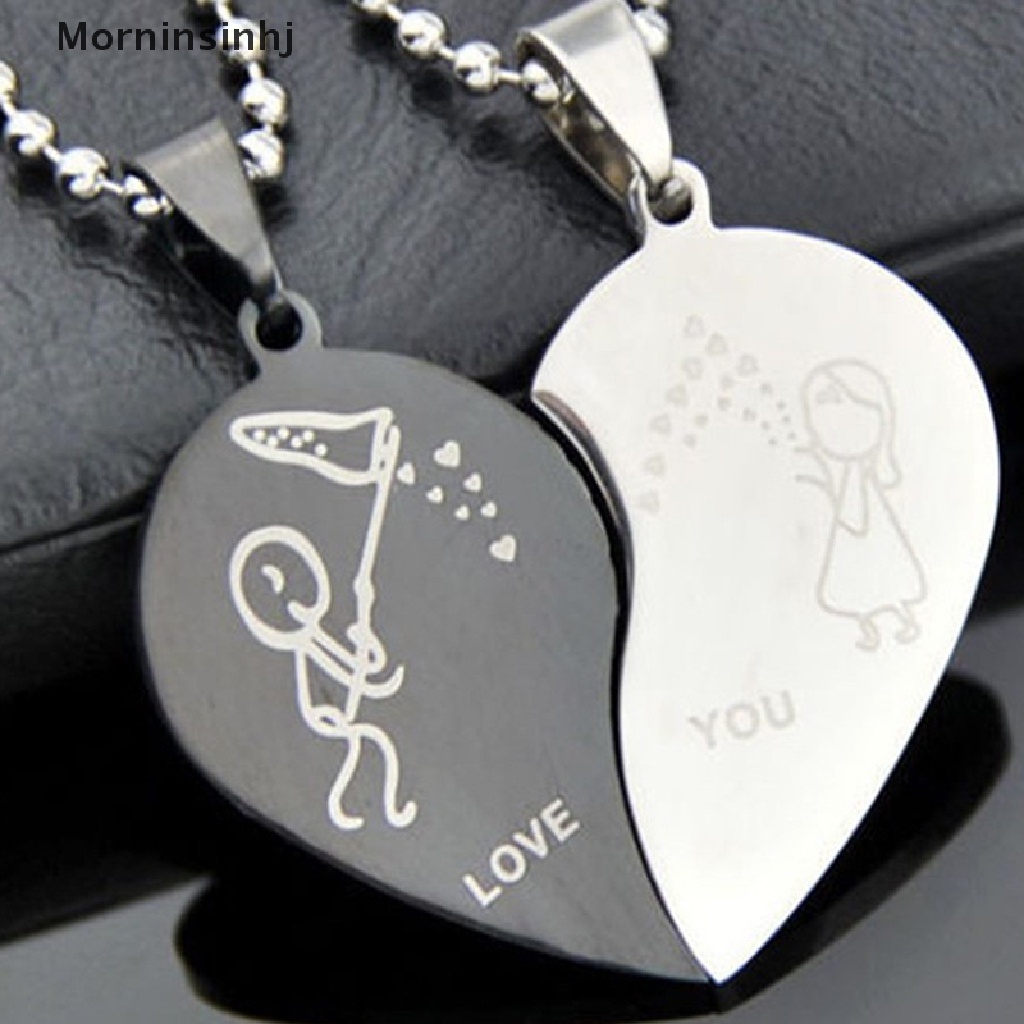 Mornin Couple Broken Heart Pendant Black Cord Kalung Engrave Love You Choker Necklace id