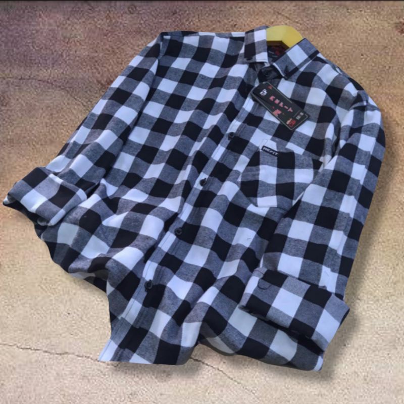 Kemeja Flanel Pria Lengan Panjang Slim Fit / Kemeja Kerja Kantor / Kemaja Garis Kotak Distro-Catur Putih