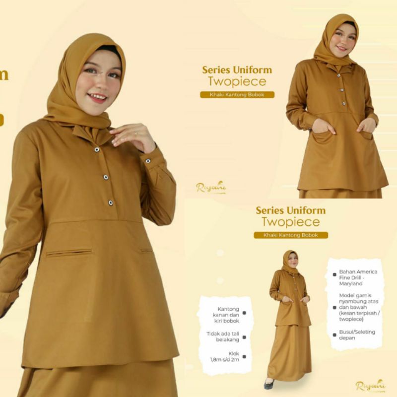 gamis kerja pdh pns asn khaki maryland kantong bobok original riyani