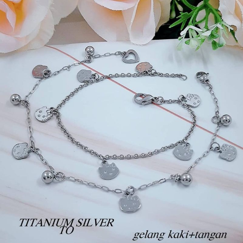 Gelang tangan / kaki Titanium hello Kitty silver putih cewek wanita cewe perempuan asli original ori