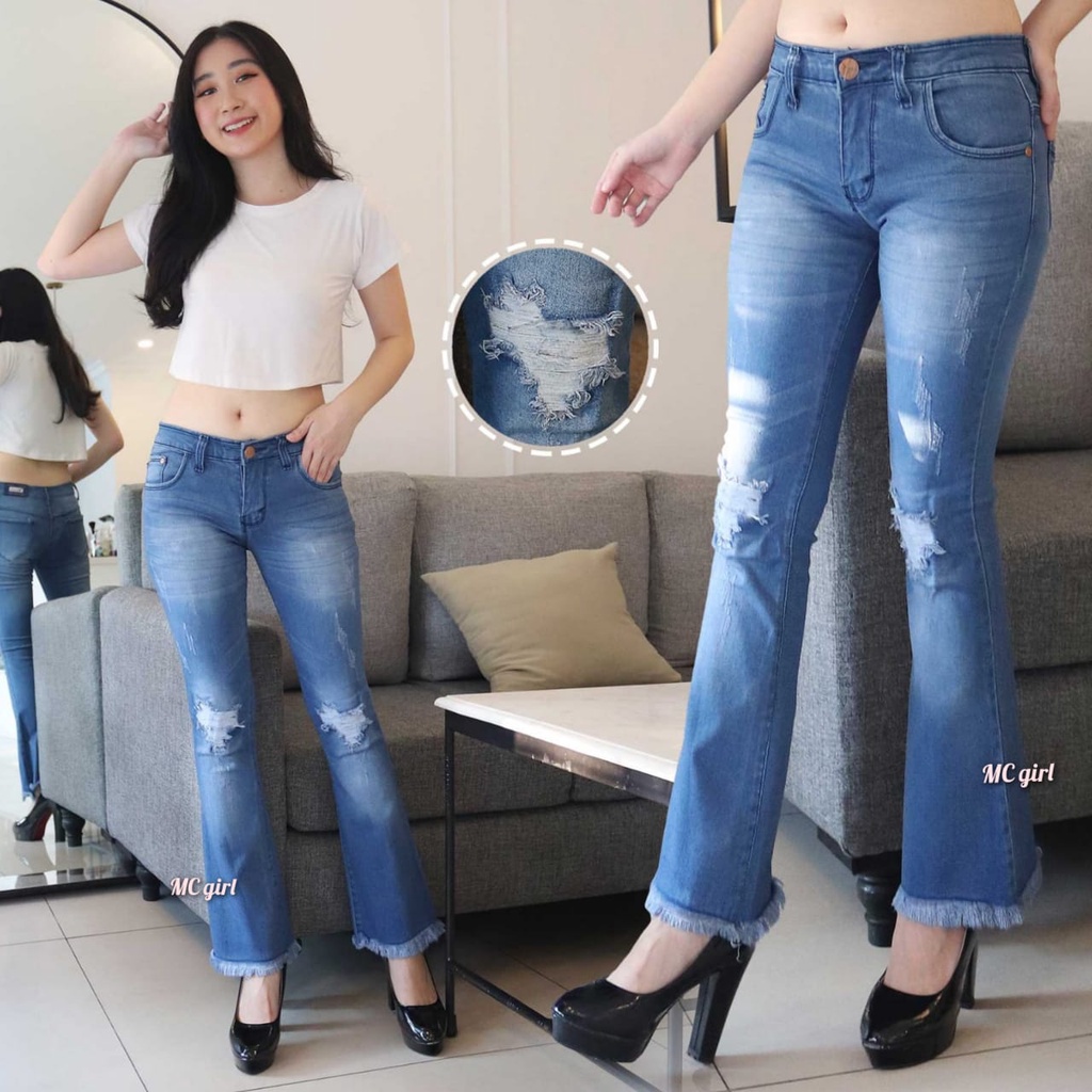 MC girl - Celana Jeans Cutbray Sobek Rawis Warna Biru Stun Wanita / Cutbrai Lepis Ripped Rumbai / Celana Denim Kaki Lebar Sobek Cakar / Boot Cut