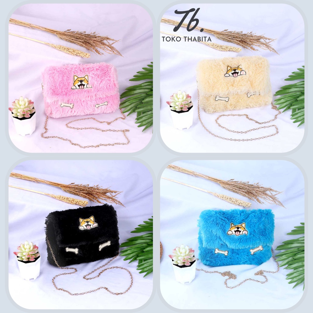 Toko Thabita Tas Selempang Wanita Lucu Kain Bulu Lembut Motif Anjing Sling Bag Tali Rantai Biru Pink Hitam Kuning