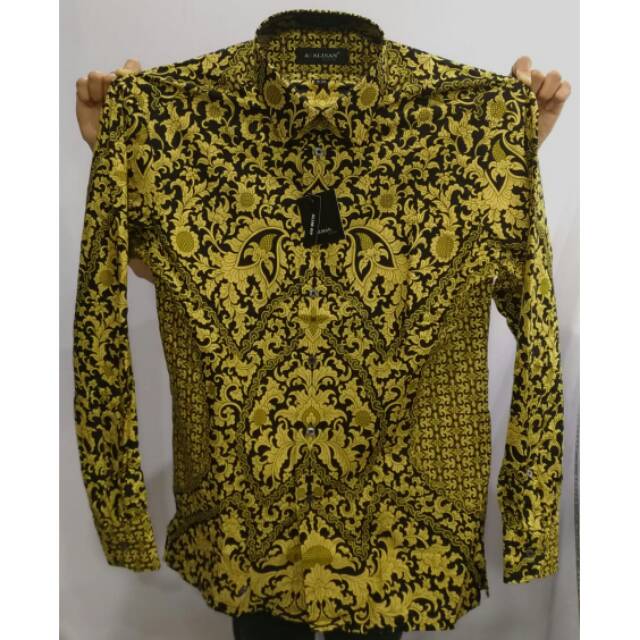 Alisan Batik Slimfit Kemeja Pria Panjang Modern Motif Matahari Emas Perak