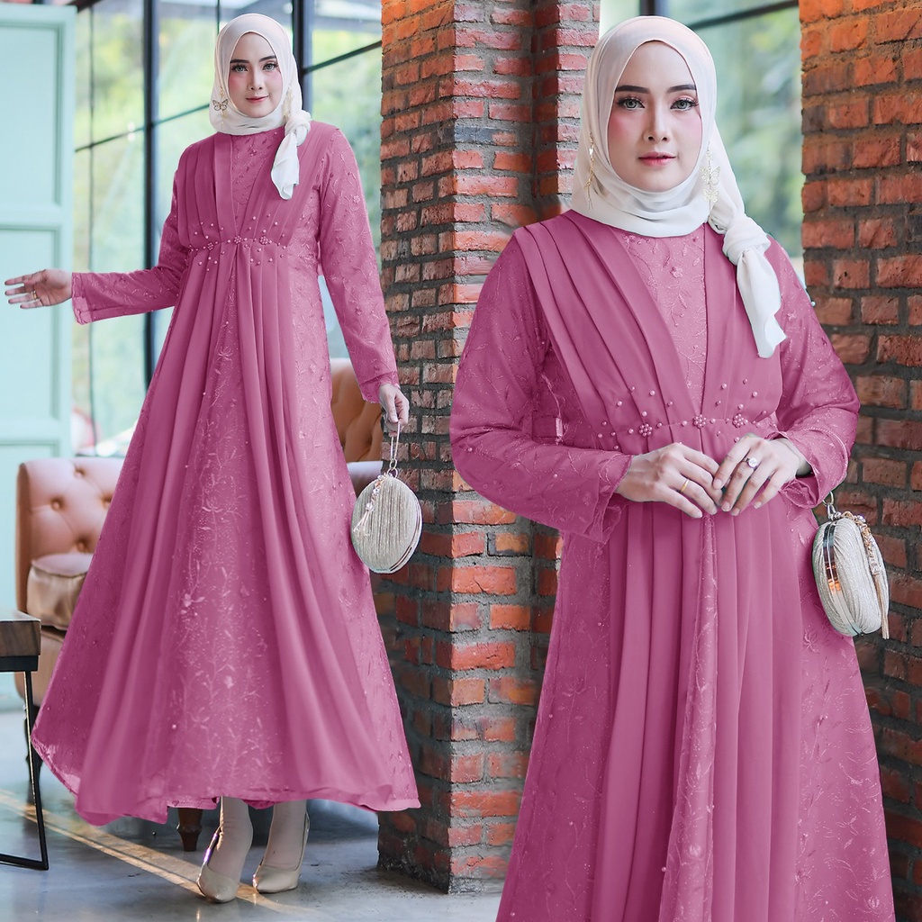 Rumaisha Baju Muslim Wanita Jumbo Gamis Full Brukat Tile Remaja Dewasa Premium Fashion Gamis Kondangan-MAGENTA